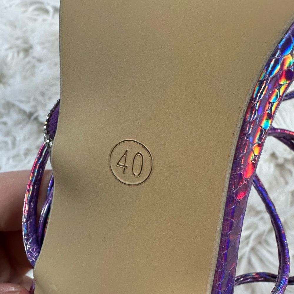Dolls Kill • Iridescent Pointy Open Toe Wrap Up Stilettos with Rhinestones - Picture 10 of 14